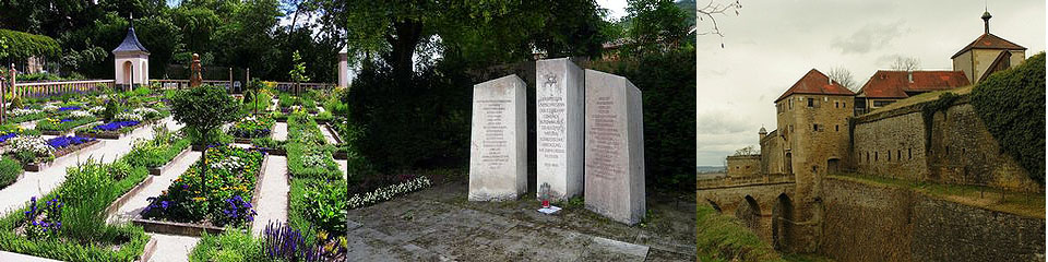 von rechts nach links: Pommeranzengarten des Schloss Leonberg, jüdische Gedenkstätte Buttenhausen, Festung Hohenasperg